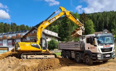 Erdbewegung | Bagger bewegt Erde auf LKW Ladefläche